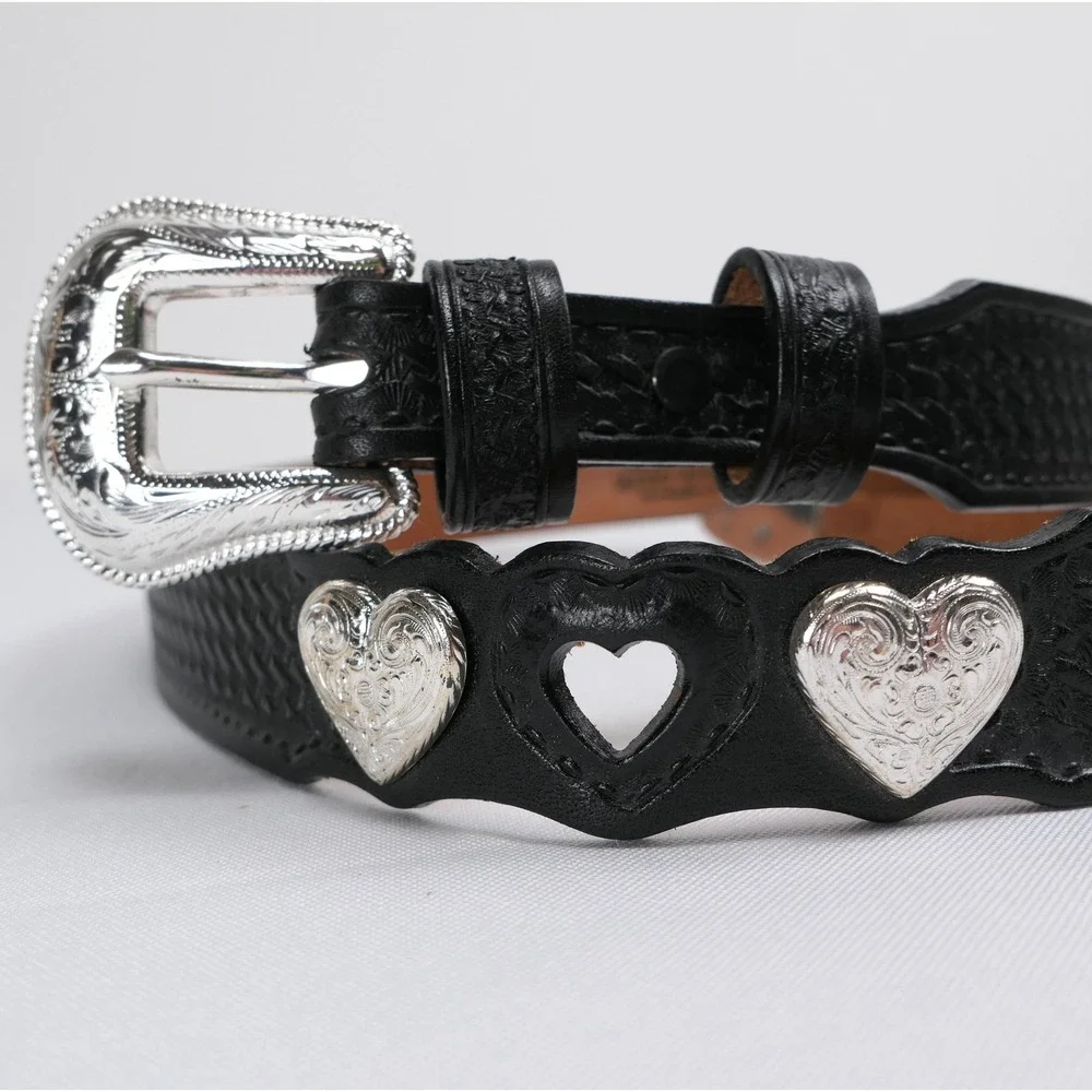 Silver Creek Black Leather Western Heart Concho Belt Silver Tone Buckle 36 VTG